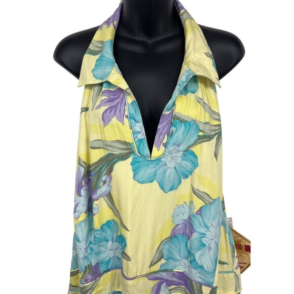 Caribbean Joe Women Yellow Floral Halter Dress 2X Summer Wind Iris Spray NWT New - Picture 2 of 8